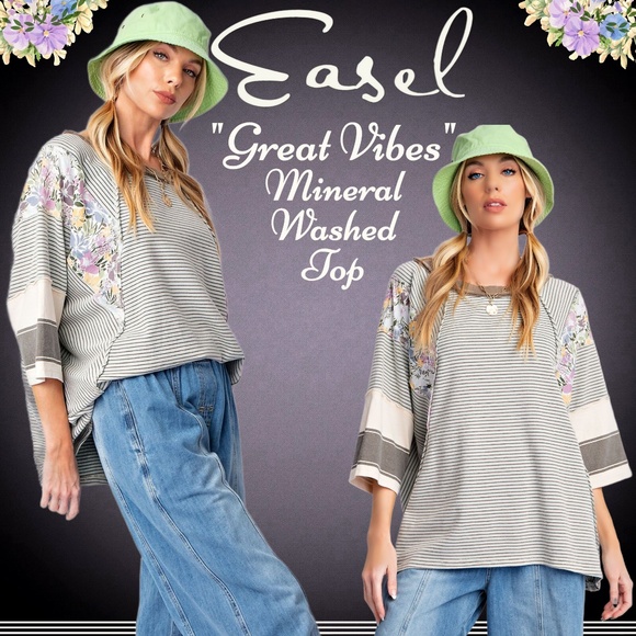EASEL “Great Vibes” Mixed Print Relaxed & Stretchy Fit Top Defined Seams Details - Picture 1 of 15